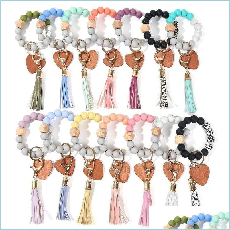 Party Favor Valentines Day Love Wood Chip Sile Bead Bracelet Keychain  Wristlet Key Chain Tassels Handchain Key Rings On  Drop Dh1No From  Garden_light, $3.69
